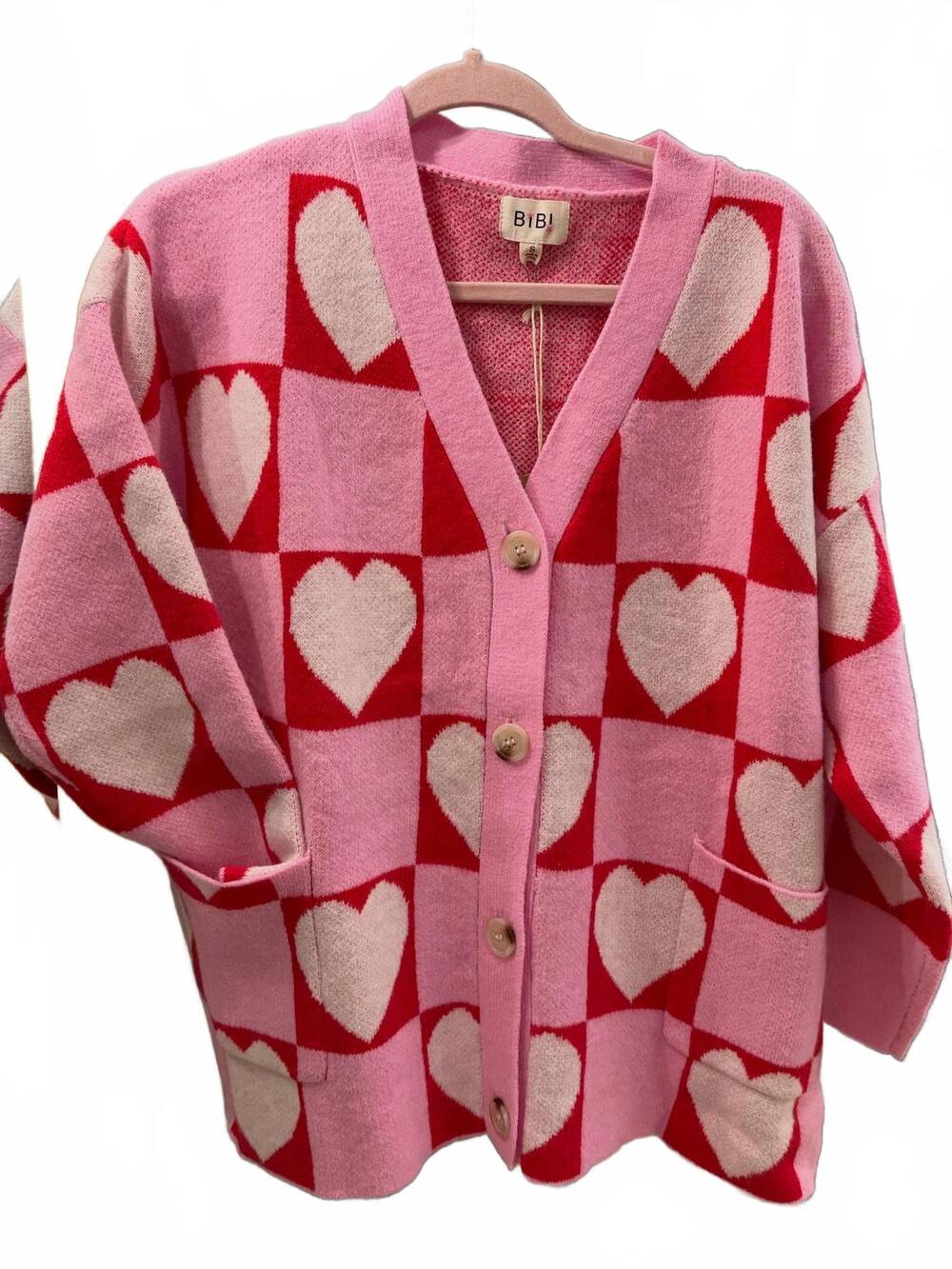 NEW BIBI women's heart checkered sweater cardigan in multi